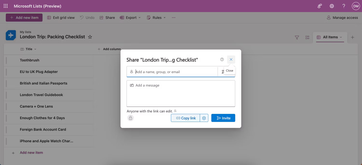 Chia sẻ danh sách của bạn trong Microsoft Lists với những người dùng khác