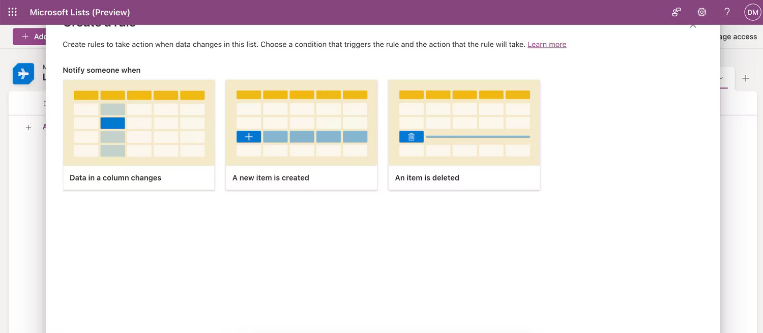 Tạo quy tắc mới trong Microsoft Lists từ các tùy chọn có sẵn