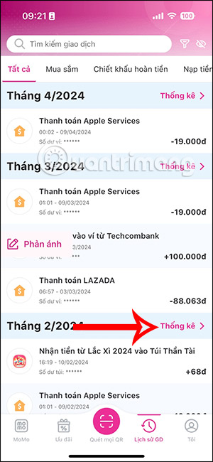 Xem thống kê chi tiêu hàng tháng MoMo