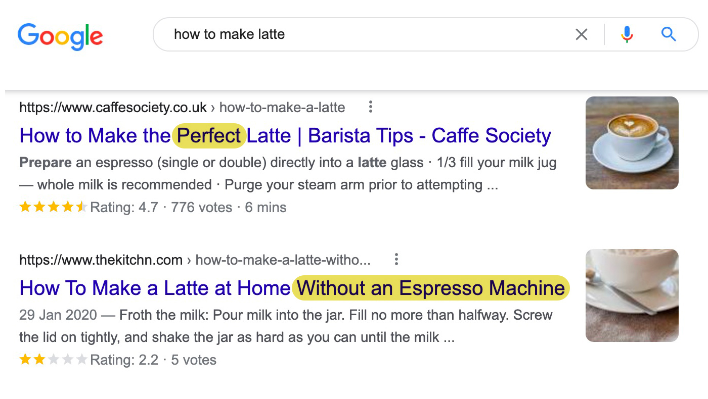 Google SERP cho "how to make latte"