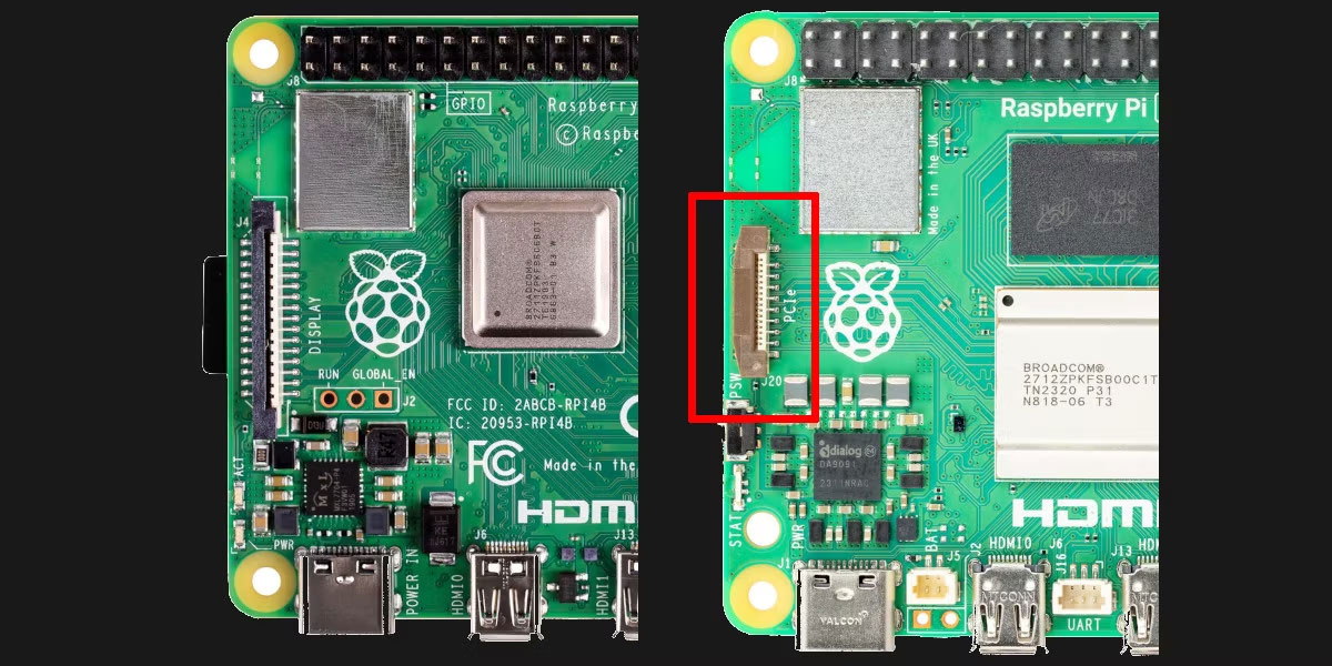 Phần của bo mạch Raspberry Pi 4 và Raspberry Pi 5 hiển thị đầu nối PCIe mới 