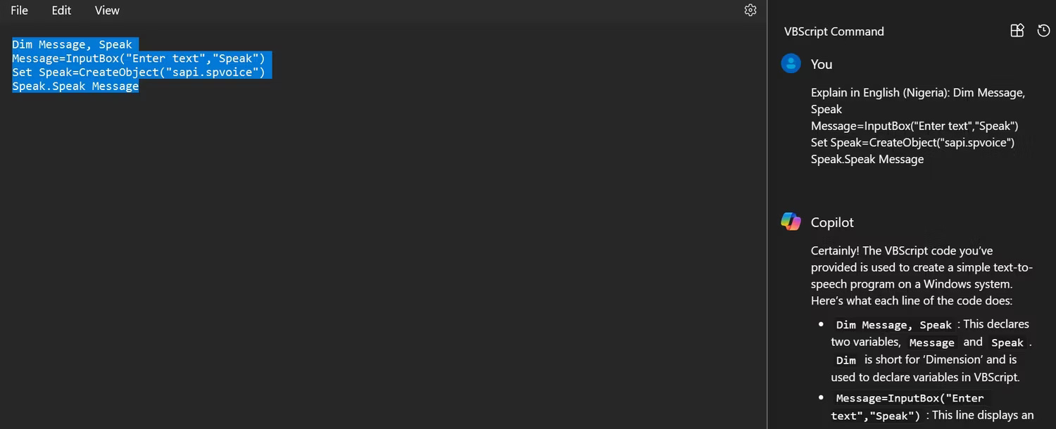 Microsoft Copilot giải thích code VBScript được highlight trong Windows Notepad