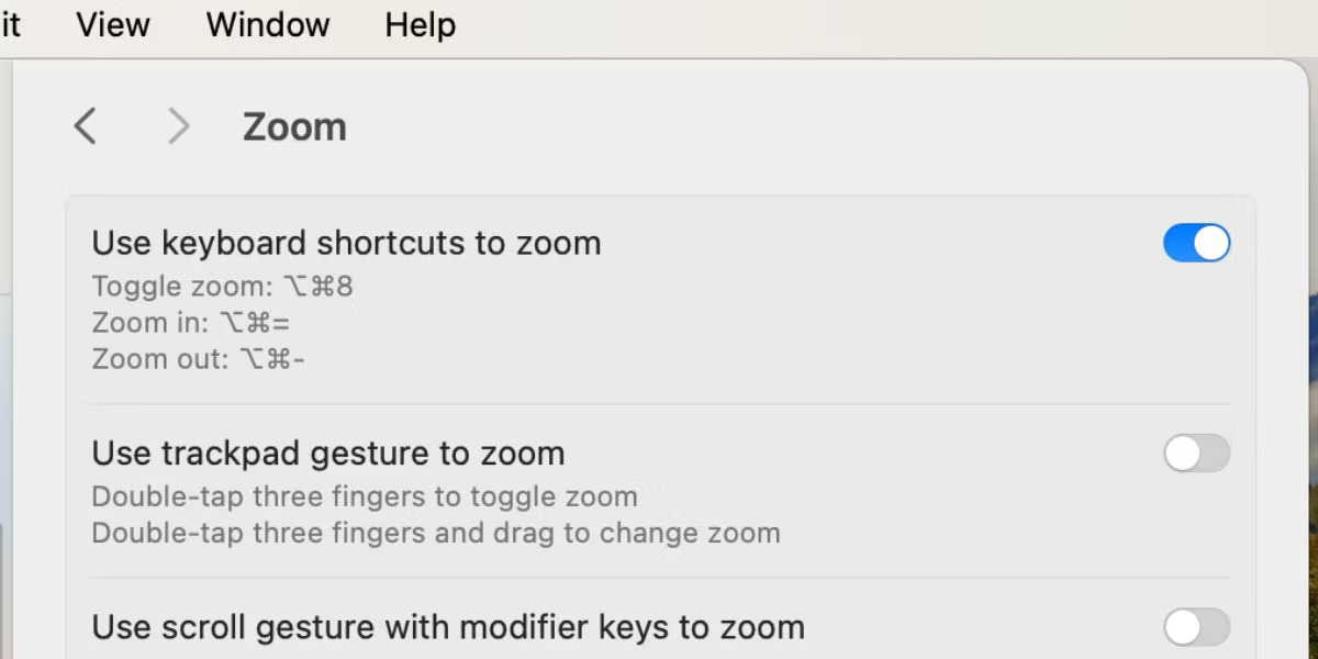 Phím tắt zoom trong cài đặt trợ năng của máy Mac