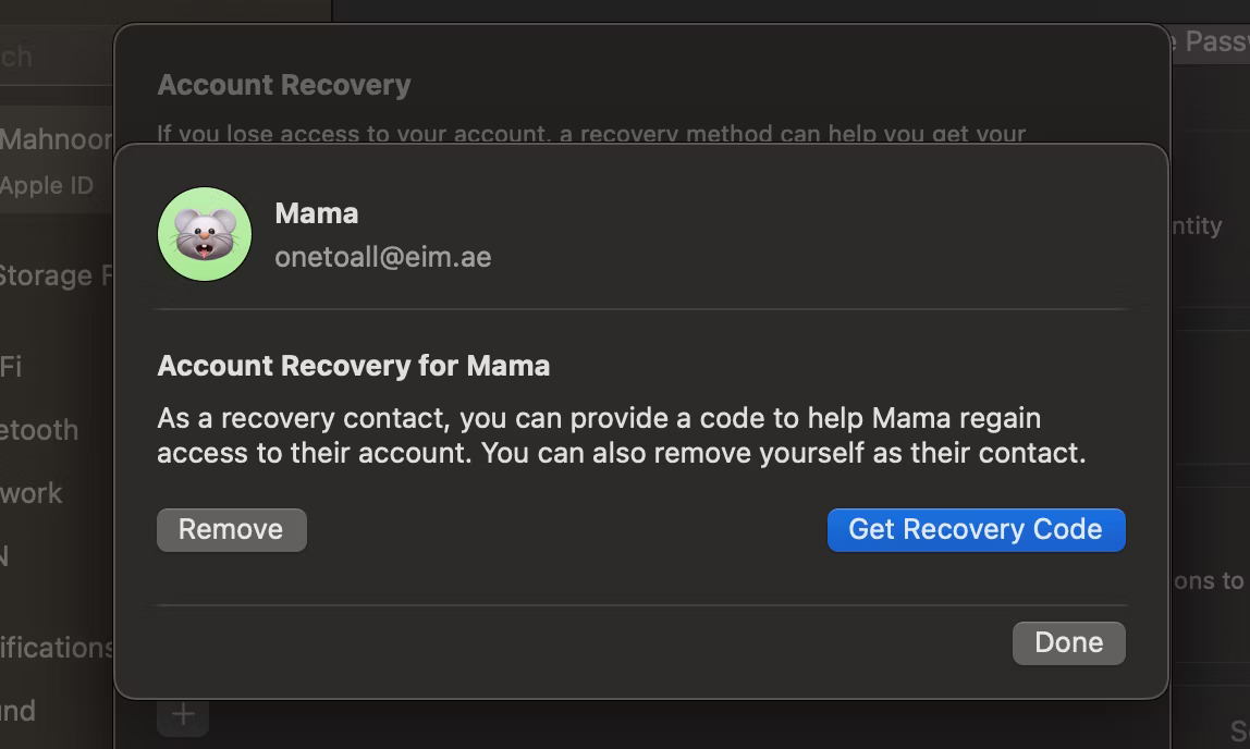 Chọn Get Recovery Code trên macOS