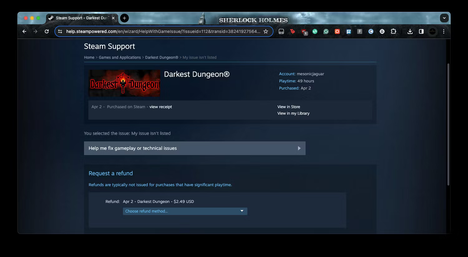 Tùy chọn hoàn tiền của Steam Support trên web