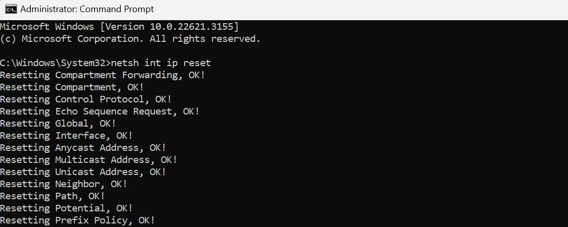 Reset TCP/IP Stack trong Command Prompt của Windows.