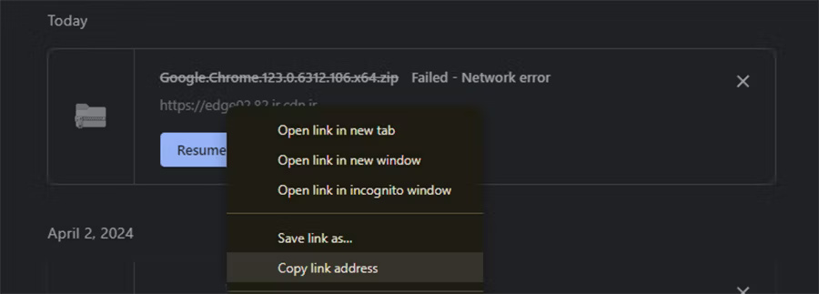 Sao chép liên kết tải xuống trong Chrome