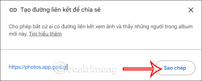 Sao chép link chia sẻ trên Google Photos PC