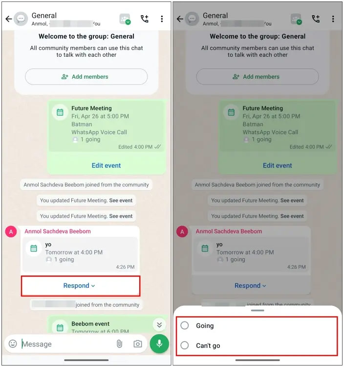 Phản hồi sự kiện nhóm cộng đồng WhatsApp