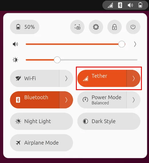 Nút "Tether" trên menu Quick Settings của Ubuntu.