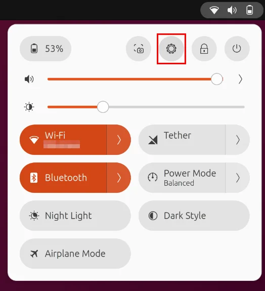 Nút Settings trên menu nhanh Ubuntu.