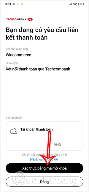 Xác thực liên kết thanh toán Techcombank Mobile với WinMart