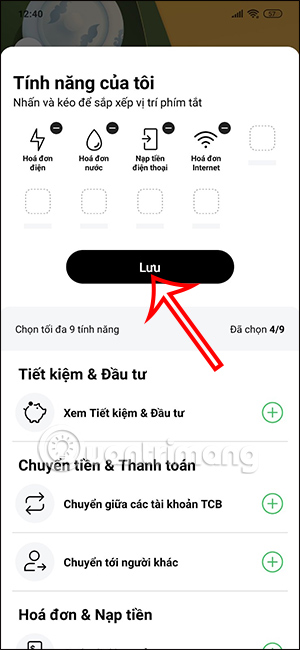 Lưu tính năng hay dùng trên Techcombank Mobile