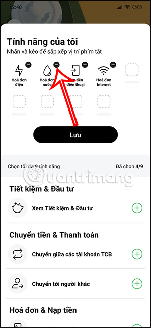 Chỉnh sửa danh sách tính năng hay dùng trên Techcombank Mobile