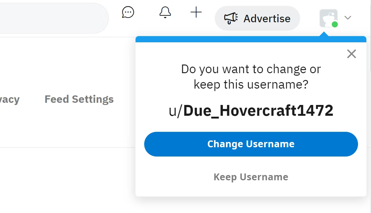 Cửa sổ pop-up Reddit để thay đổi username