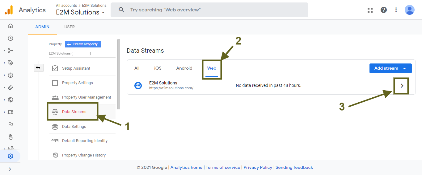 Chuyển đến trang “Web Stream Details”