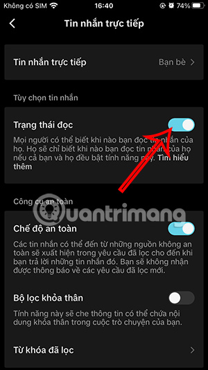 Trạng thái đọc tin nhắn TikTok