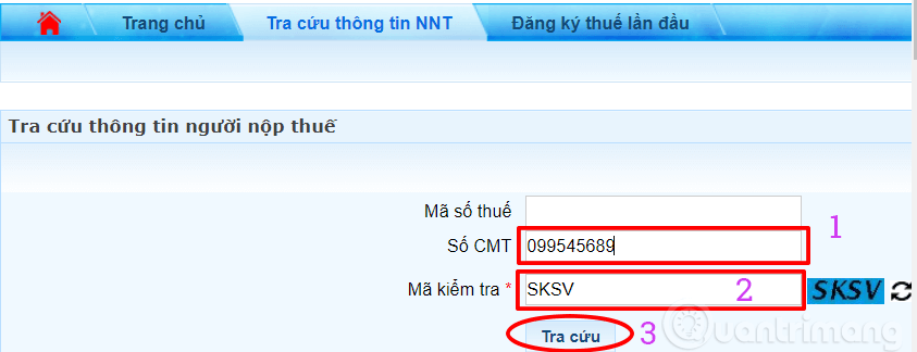 Nhập thông tin cá nhân để tra cứu mã số thuế