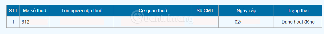 Kết quả mã số thuế TNCN trả về