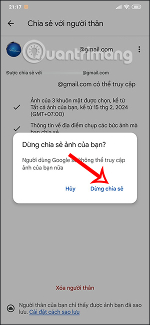 Không chia sẻ ảnh Google Photos