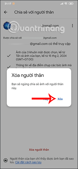 Xóa người chia sẻ Google Photos