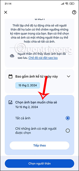 Chọn ảnh chia sẻ trên Google Photos