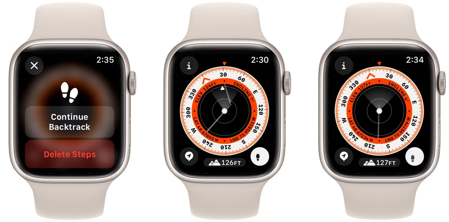 Ứng dụng Compass của Apple Watch hiển thị menu tạm dừng, tiến trình và kết thúc Backtrack