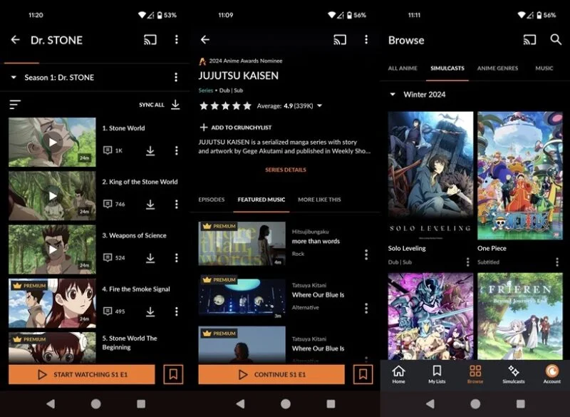 Tổng quan về giao diện ứng dụng Crunchyroll trên Android.