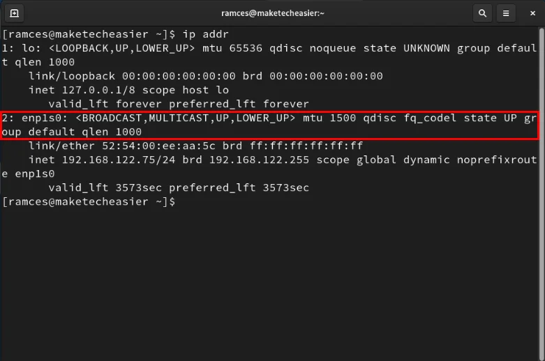 Terminal hiển thị interface mạng Ethernet cho máy