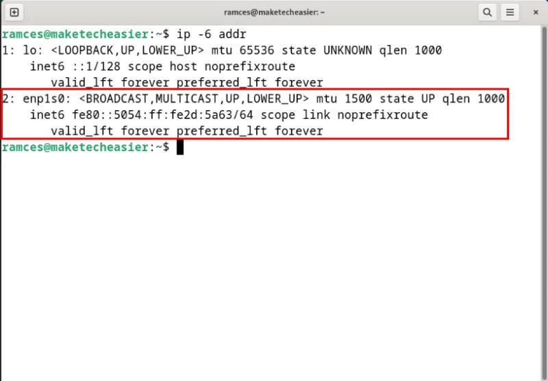 Terminal highlight interface mạng với ngăn xếp IPv6 đang chạy.