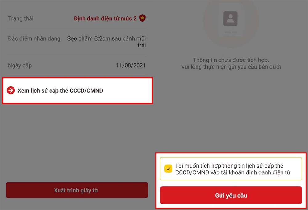 Gửi yêu cầu xem lịch sử cấp thẻ CCCD trên VNeID
