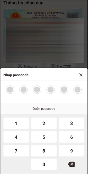 Nhập passcode ứng dụng VNeID