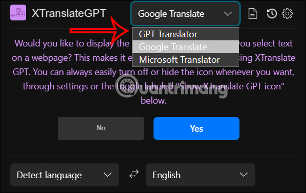 Chọn công cụ dịch trên XTranslateGPT