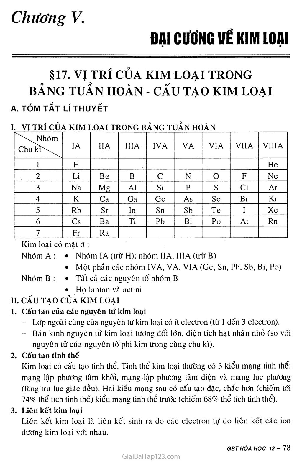 Bài 17: Vị trí của kim loại trong bảng tuần hoàn và cấu tạo của kim loại trang 1