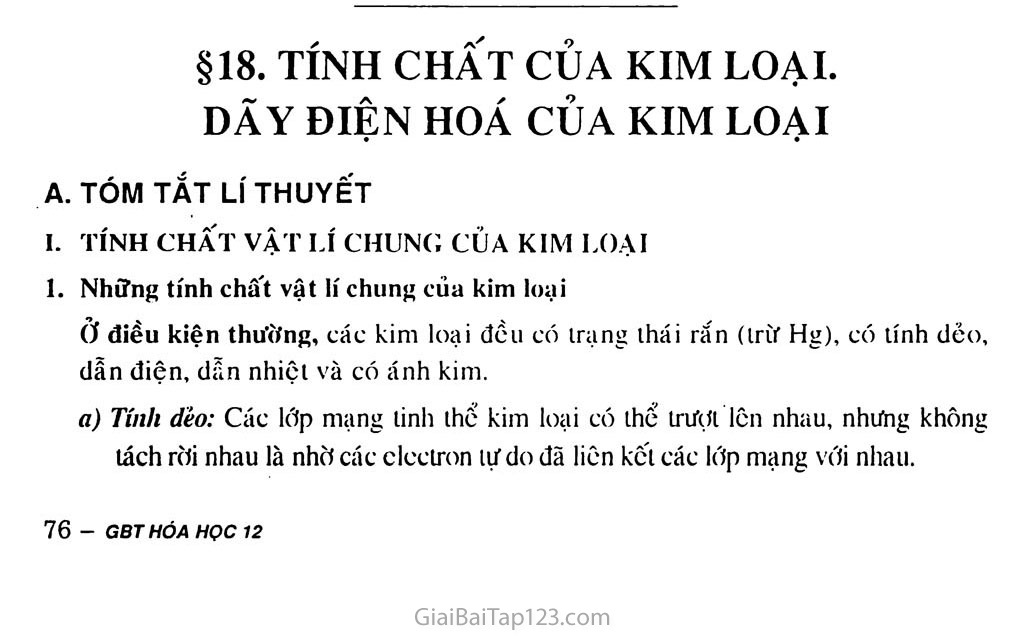 Bài 18: Tính chất của kim loại: Dãy điện hóa của kim loại trang 1