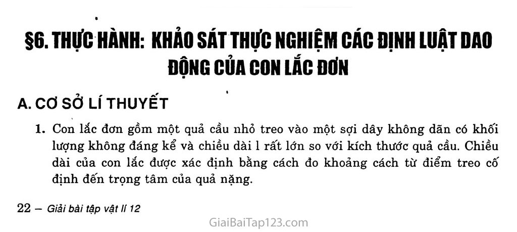 Bài 6: Thực hành: Khảo sát thực nghiệm các định luật dao động của con lắc đơn trang 1