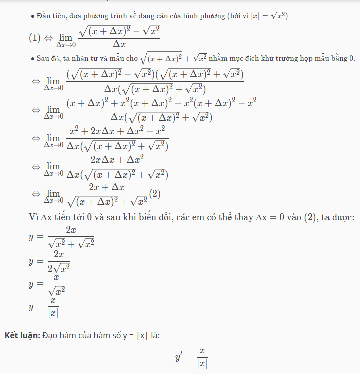 Đạo hàm trị tuyệt đối, công thức và bài tập có đáp án (ảnh 1)