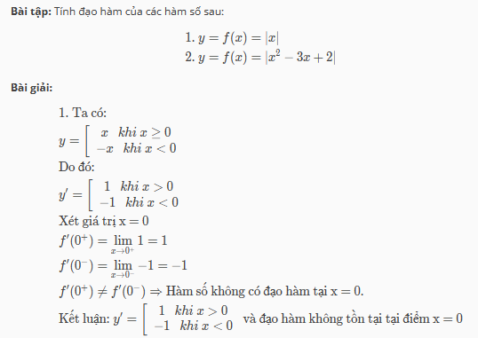 Đạo hàm trị tuyệt đối, công thức và bài tập có đáp án (ảnh 1)