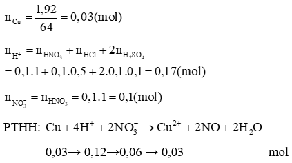Cho 1,92 gam Cu tác dụng với 100 ml dung dịch A chứa HNO3 1M, HCl 0,5M, H2SO4 0,1M (ảnh 1)