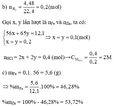 Cho 12,1 gam hỗn hợp gồm Fe và Zn tác dụng vừa đủ với 200 ml dung dịch HCl (ảnh 1)