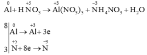 Cân bằng bằng cách thăng bằng electron: Al + HNO3 → Al(NO3)3 + NH4NO3 + H2O (ảnh 1)