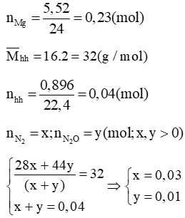 Cho 5,52 gam Mg tan hết vào dung dịch HNO3 thì thu được 0,896 lít hỗn hợp khí N2 (ảnh 1)