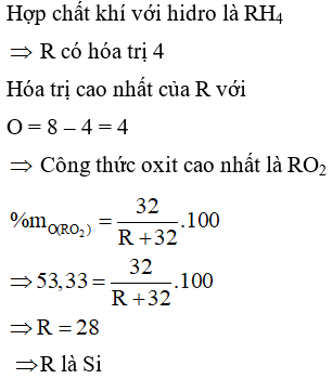 Hợp chất khí với hidro của nguyên tố R là RH4. Oxit cao nhất của nó chứa 53,33% (ảnh 1)