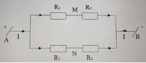 Cho mạch như hình vẽ, biết UAB=48V, R1=2 ôm, R2=8 ôm, R3=6 ôm, R4=16 ôm (ảnh 1)